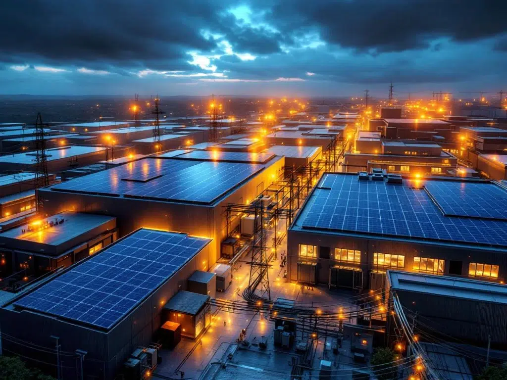Aerial view of modern industrial solar panel installation with electrical grid substation showing amber warning lights for network congestion.