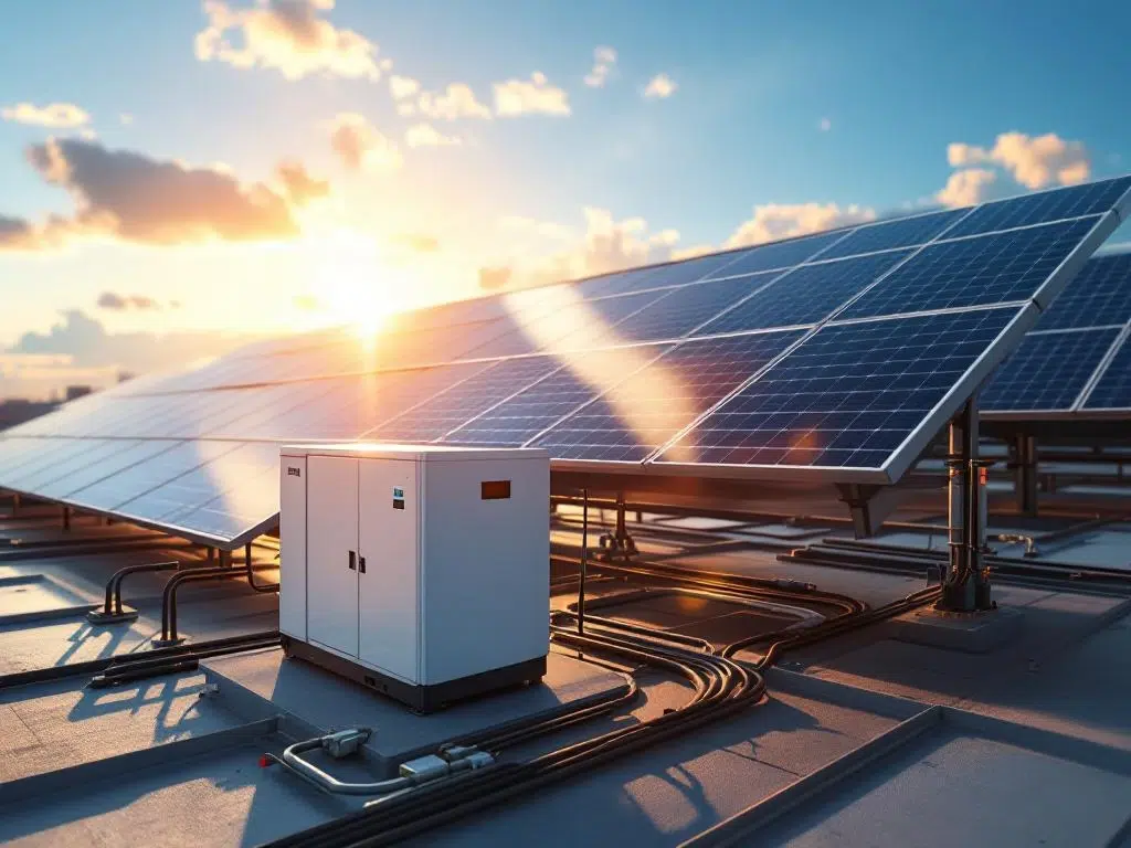 Solar panels and white battery storage units on industrial rooftop with golden sunlight creating reflections on blue cells