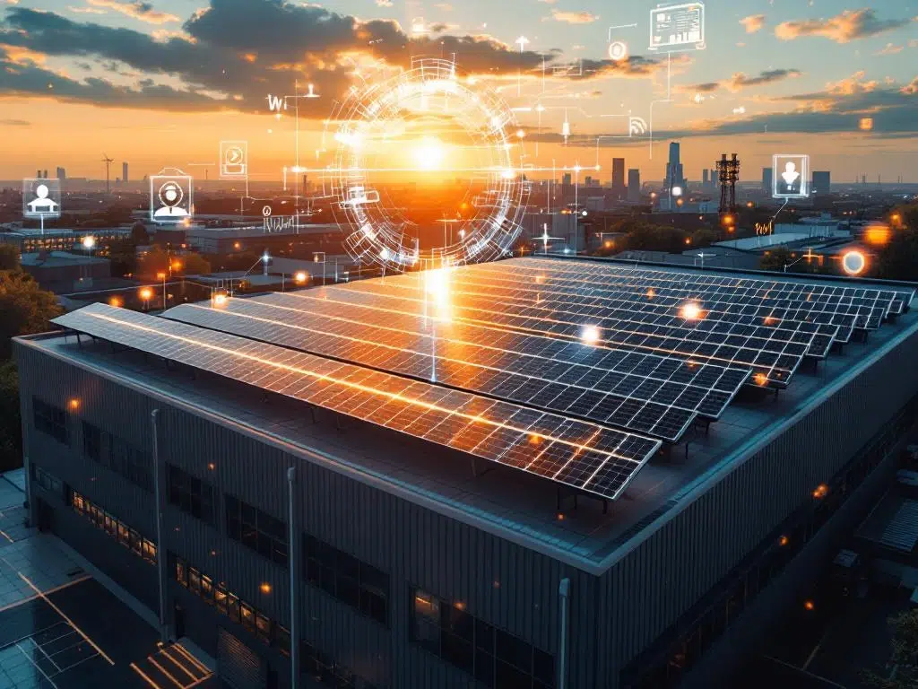Solar panels on modern industrial rooftop with digital data overlays and holographic energy monitoring visualisations at golden hour