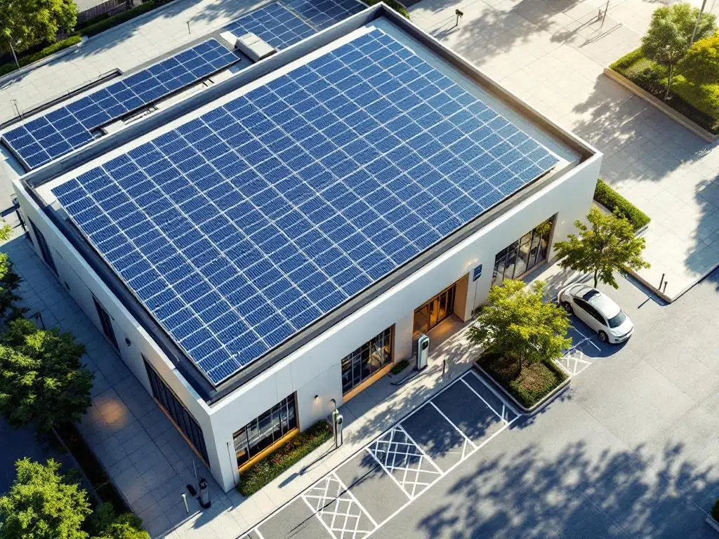 Aerial view of modern commercial building with blue solar panels on roof and electric vehicle charging stations in car park below