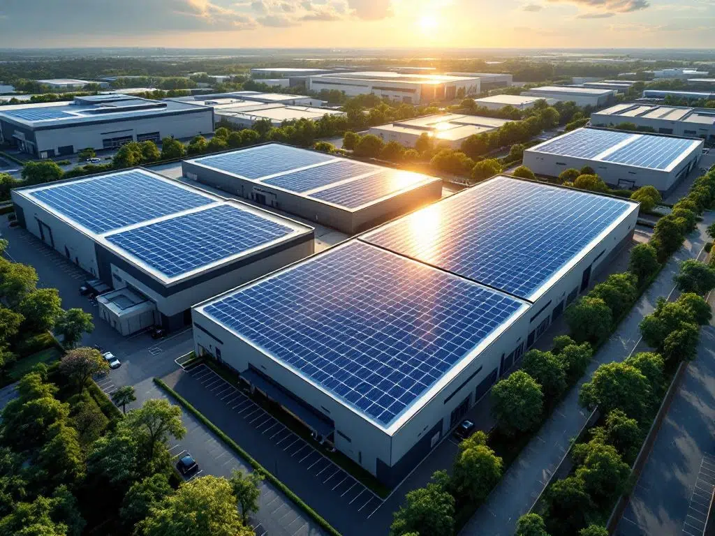 Aerial view of modern industrial warehouse with extensive solar panel arrays on rooftops and carports surrounded by landscaping