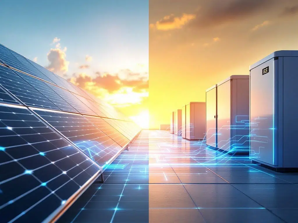 Solar panels connected to battery storage units with blue and gold energy flow visualisation against gradient sky