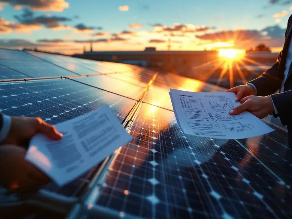 Professional hands holding signed solar panel contracts with pristine photovoltaic arrays reflecting golden sunlight on industrial rooftop