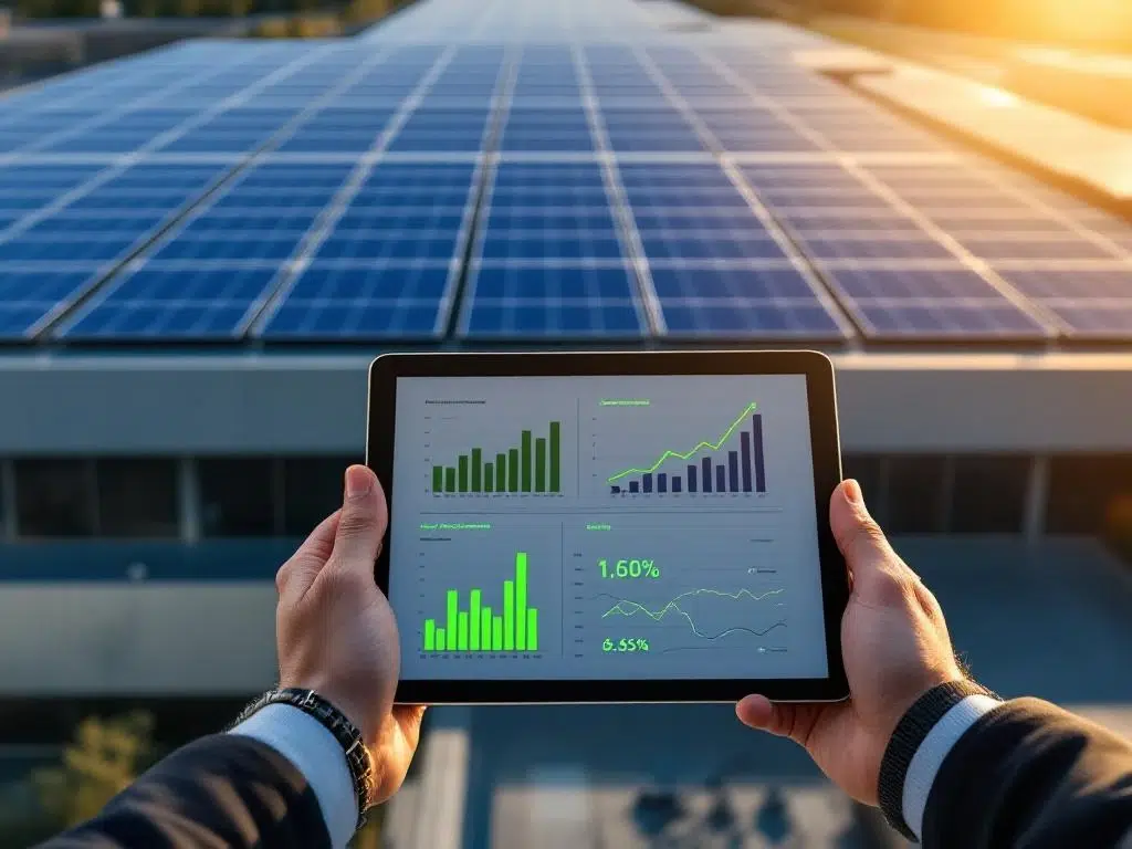 Professional hands holding tablet displaying solar energy contracts on rooftop with blue solar panels in geometric rows