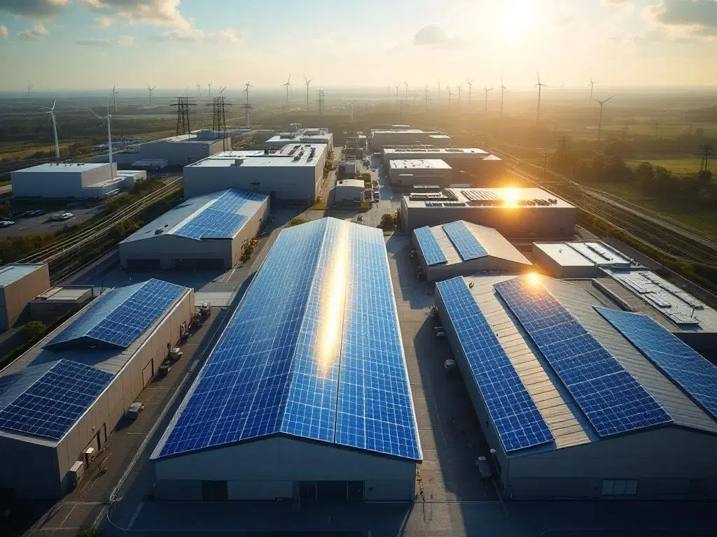 Aerial view of industrial complex with blue solar panels on rooftops and wind turbines on horizon under sunny sky