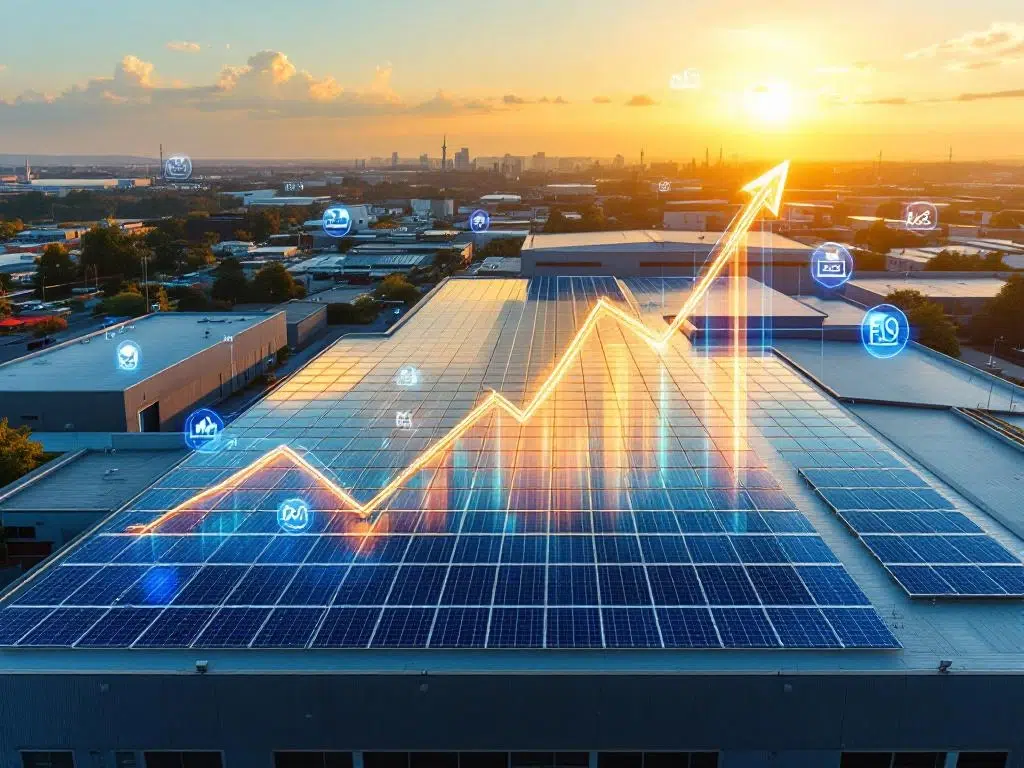 Aerial view of modern industrial building with solar panels on rooftop and holographic financial graphs showing upward trends
