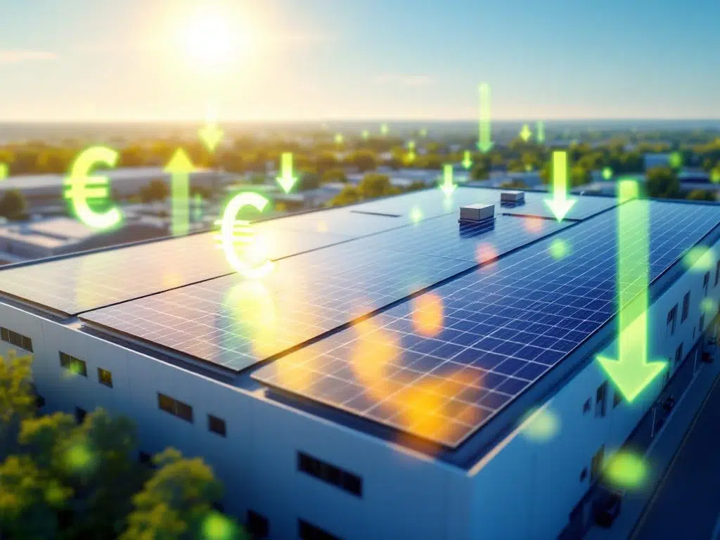 Modern industrial building with solar panels on rooftop and glowing euro symbols showing renewable energy cost savings