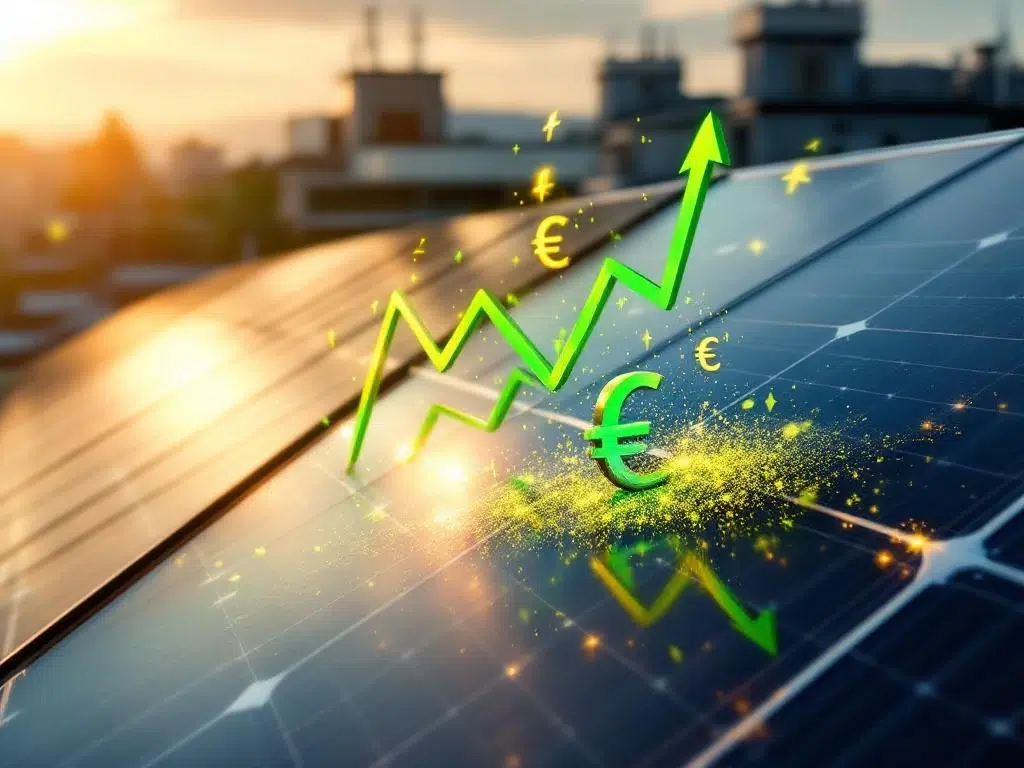 Solar panels in geometric rows on rooftop with calculator showing decreasing costs and euro symbols representing savings