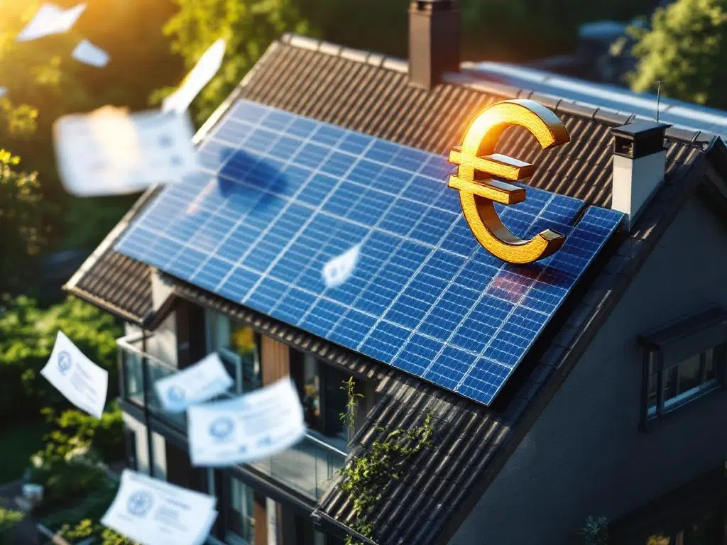 Solar panels on Belgian residential rooftop with golden euro symbol above, government subsidy documents, morning sunlight