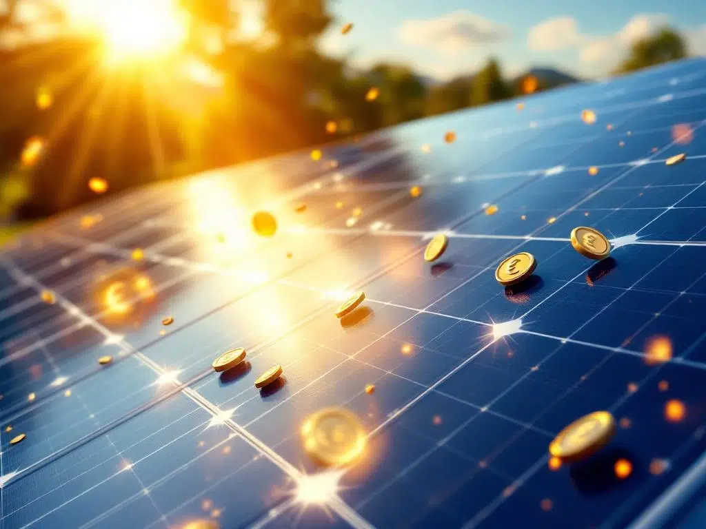 Blue solar panels in sunlight with Belgian flag, floating euro symbols, and government documents representing renewable energy subsidies
