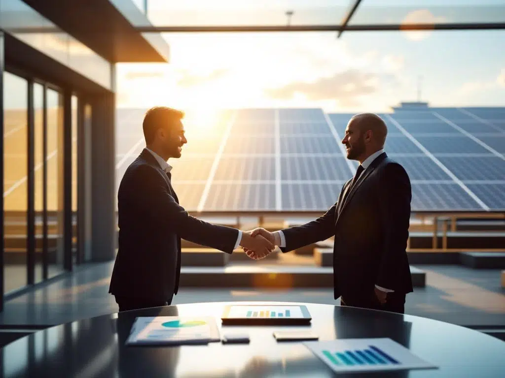 Business professionals shaking hands with solar panel installation on rooftop in background, energy documents on table