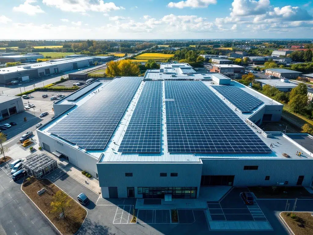 Solar panels arranged in geometric rows on commercial building rooftop, aerial view showing sustainable energy installation