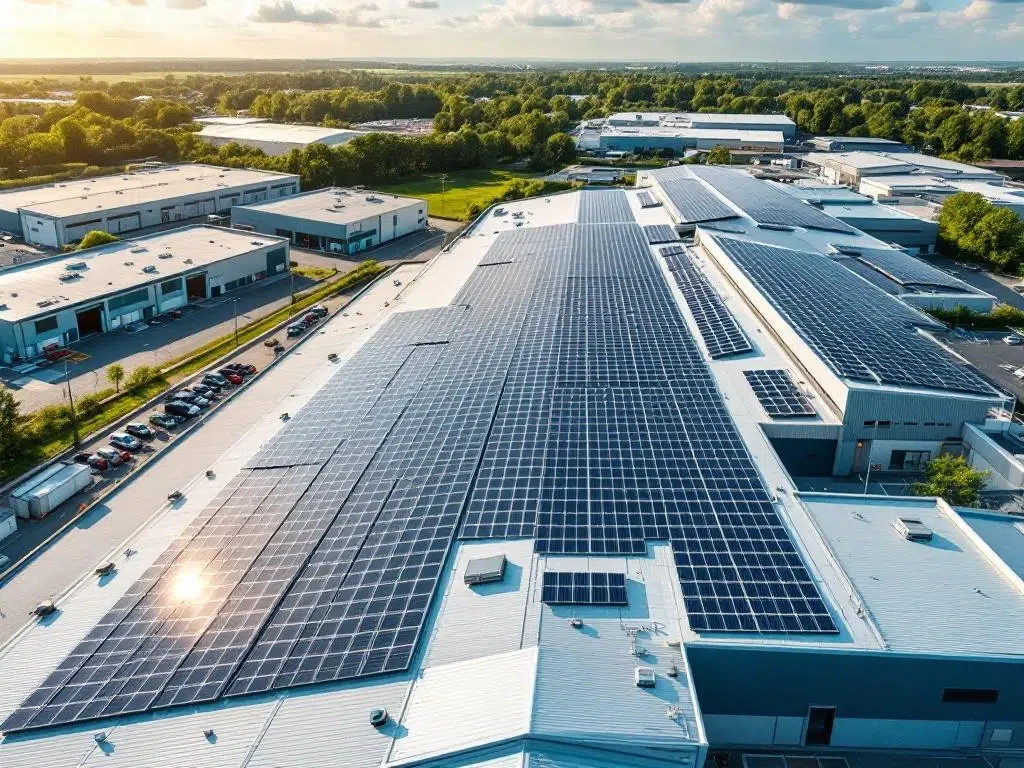 Aerial view of solar panels on commercial warehouse rooftops showing renewable energy infrastructure and sustainable operations