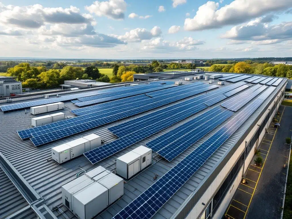 Commercial building rooftop with solar panels, battery storage units and hybrid energy system in geometric rows