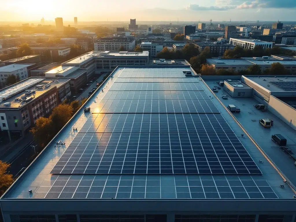 Aerial view of commercial building rooftop with rows of blue solar panels during golden hour in modern business district