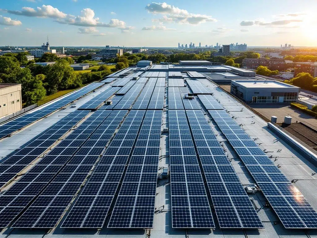 Aerial view of solar panels arranged in geometric rows on commercial rooftop under blue sky with sunlight