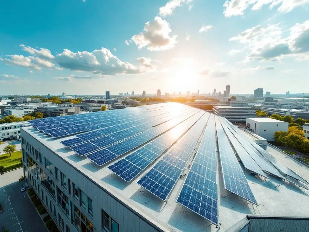 Aerial view of solar panels arranged in geometric rows on commercial building rooftop under bright blue sky