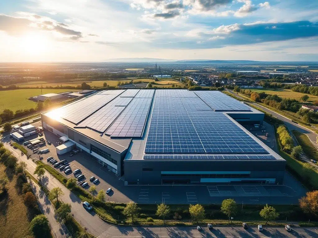Luchtfoto van commercieel bedrijfsdak met geometrisch gerangschikte zonnepanelen, drone-perspectief, heldere blauwe lucht