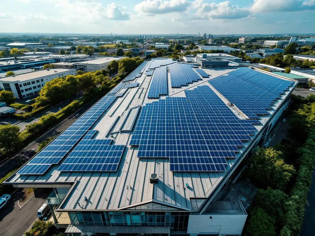 Aerial view of commercial building rooftop with rows of blue solar panels arranged in geometric patterns on industrial roof.