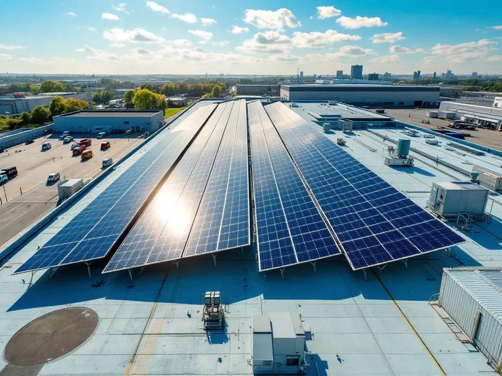 Aerial view of solar panels arranged in geometric rows on commercial industrial rooftop under bright blue sky