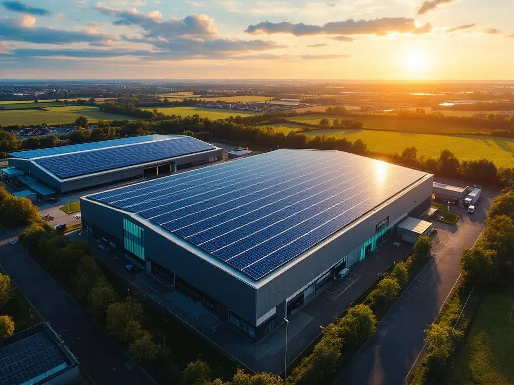 Zonnepanelen in geometrische rijen op commercieel bedrijfsdak, luchtfoto met blauwe hemel en moderne industriële omgeving