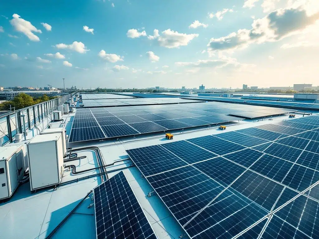 Aerial view of solar panels in geometric rows on commercial rooftop with energy storage units under blue sky