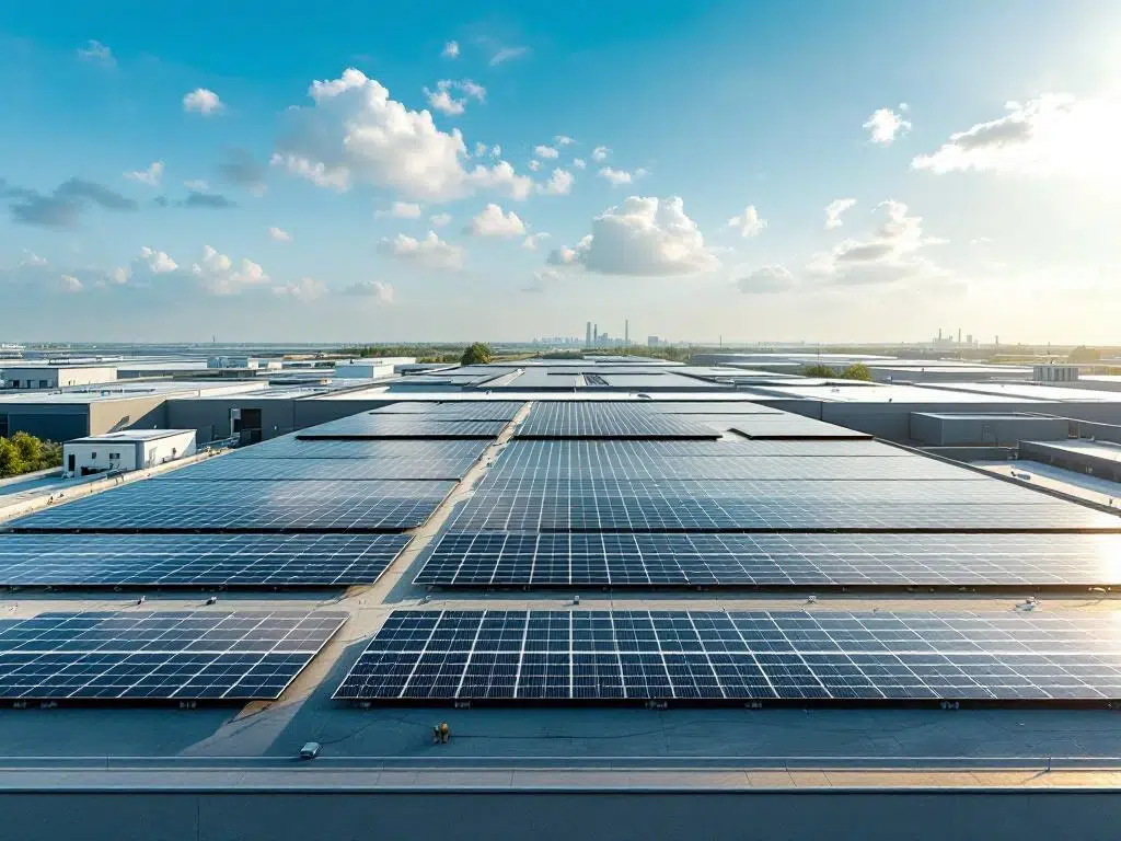 Solar panels arranged in geometric rows on commercial rooftop in Belgium, aerial view of sustainable energy installation