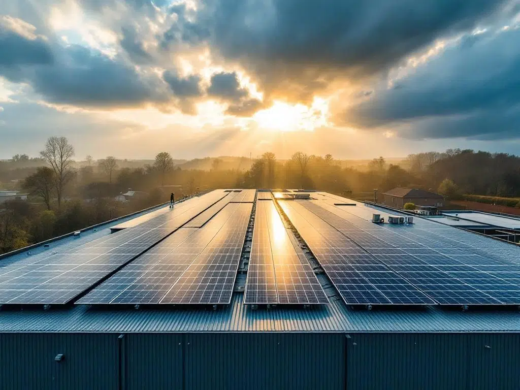 Solar panels on commercial rooftop during storm with dramatic sky and sunlight breaking through clouds