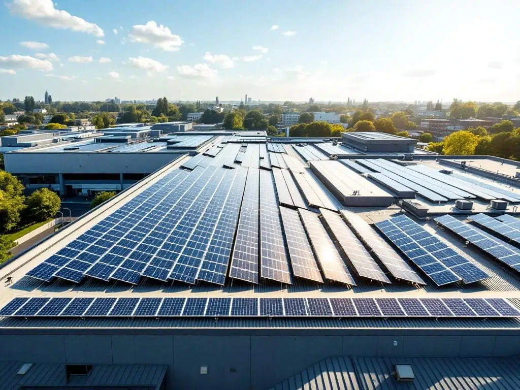 Aerial view of solar panels arranged in geometric rows on commercial rooftop under clear blue sky with sunlight