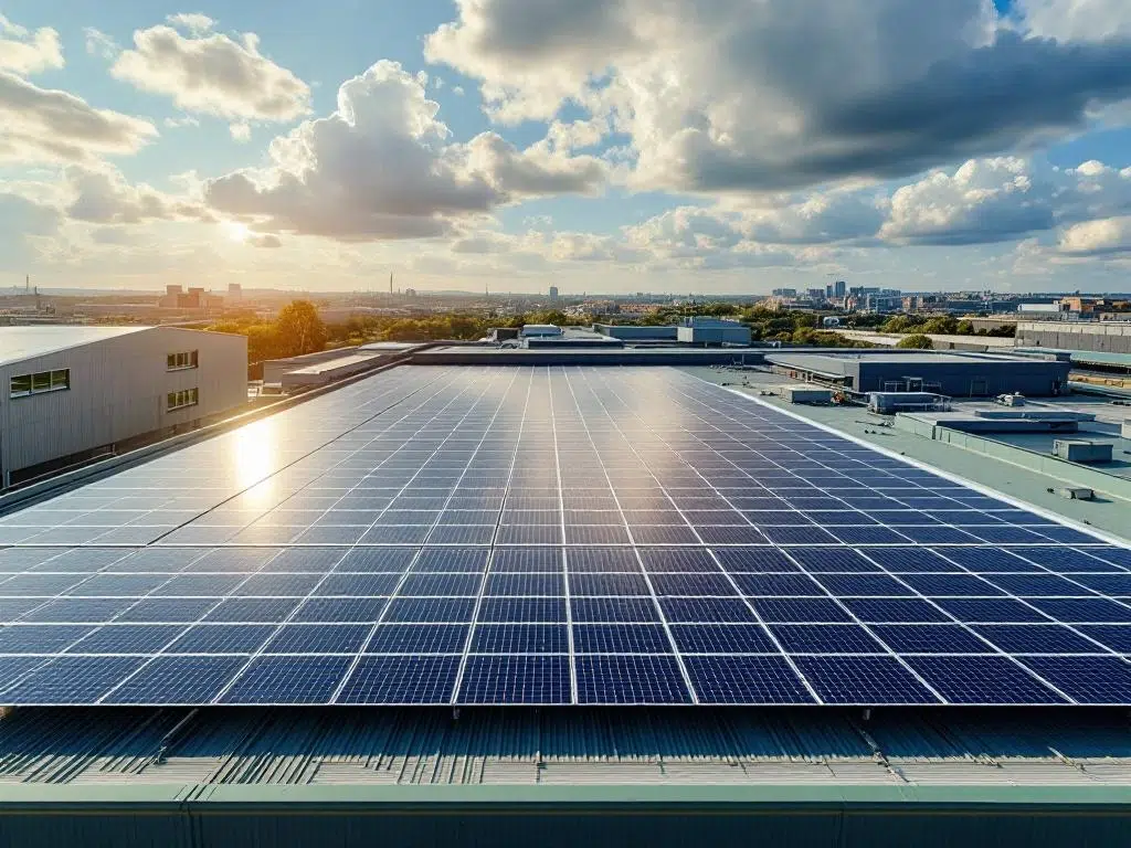 Aerial view of solar panels arranged in geometric rows on commercial rooftop with blue sky backdrop