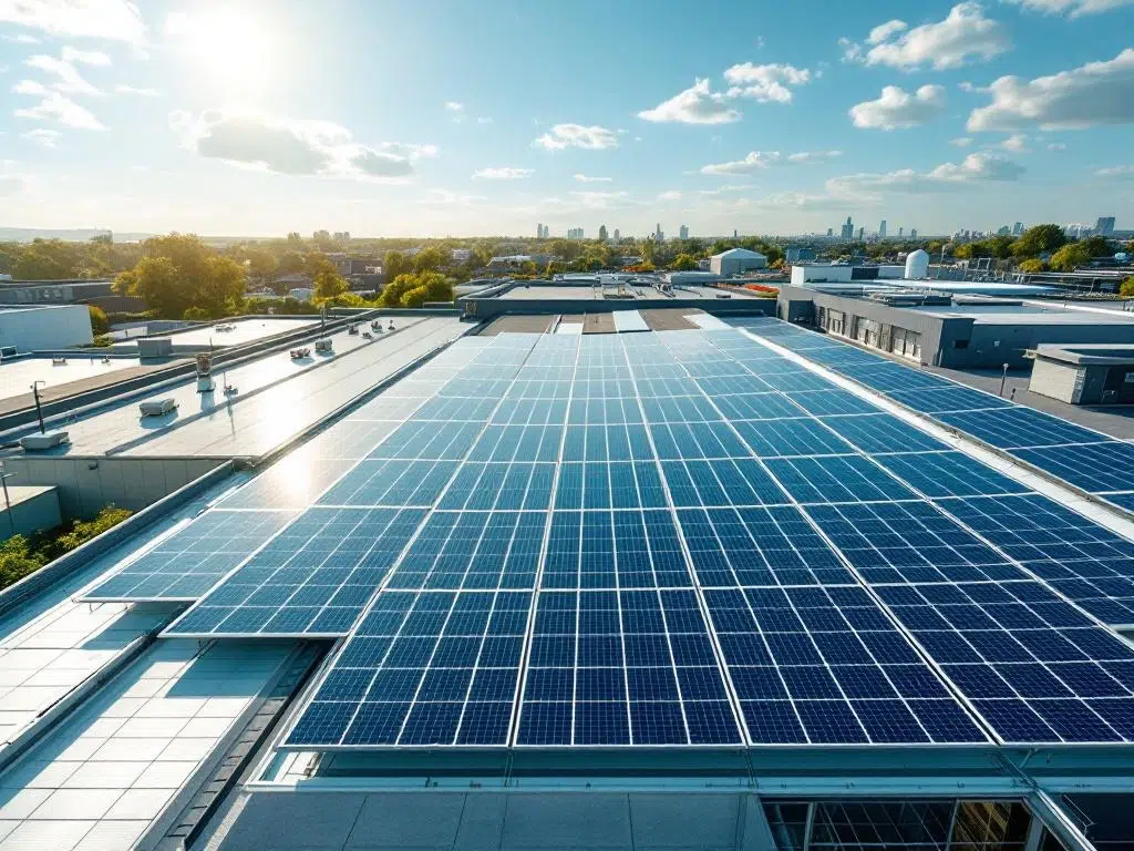 Aerial view of solar panels arranged in geometric rows on commercial building rooftop under clear blue sky