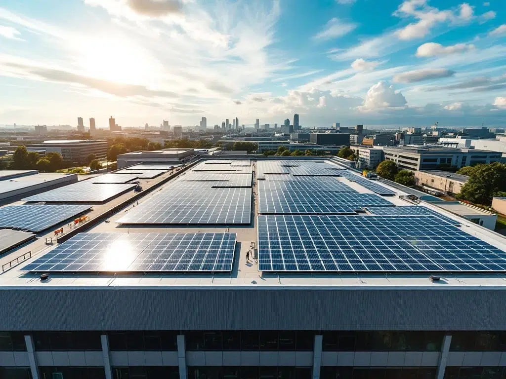 Aerial view of solar panels arranged in geometric rows on commercial building rooftop with blue sky and urban surroundings