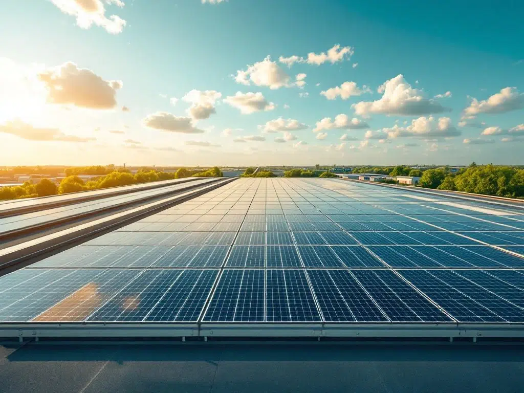 Solar panels arranged in geometric rows on commercial building rooftop under blue sky, aerial view of renewable energy installation