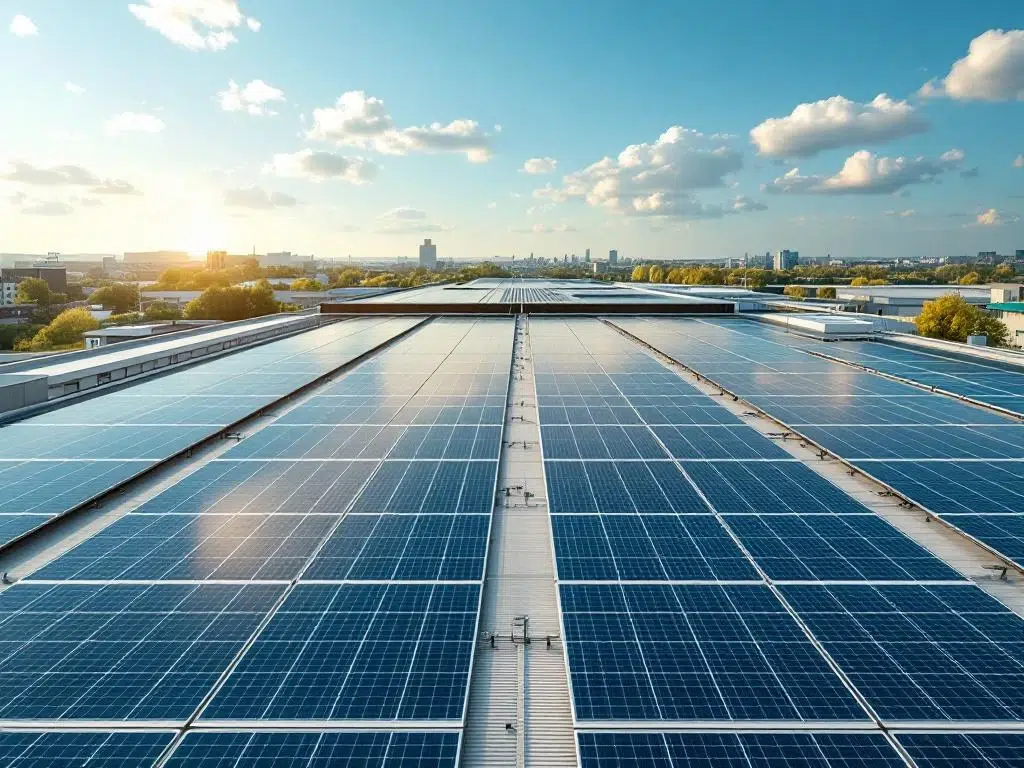 Aerial view of solar panels arranged in geometric rows on commercial building rooftop under bright daylight with blue sky