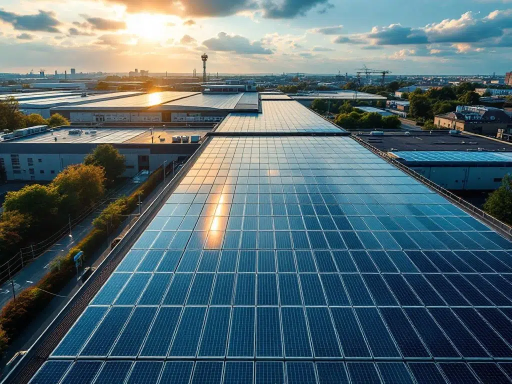 Aerial view of solar panels on commercial rooftop showing energy flow during power outage with blue sky background