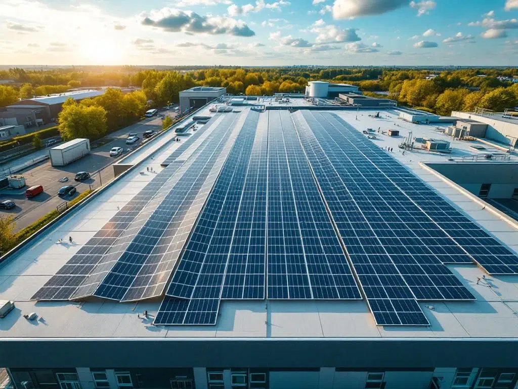 Aerial view of solar panels arranged in geometric rows on commercial rooftop under blue sky, showcasing sustainable energy.