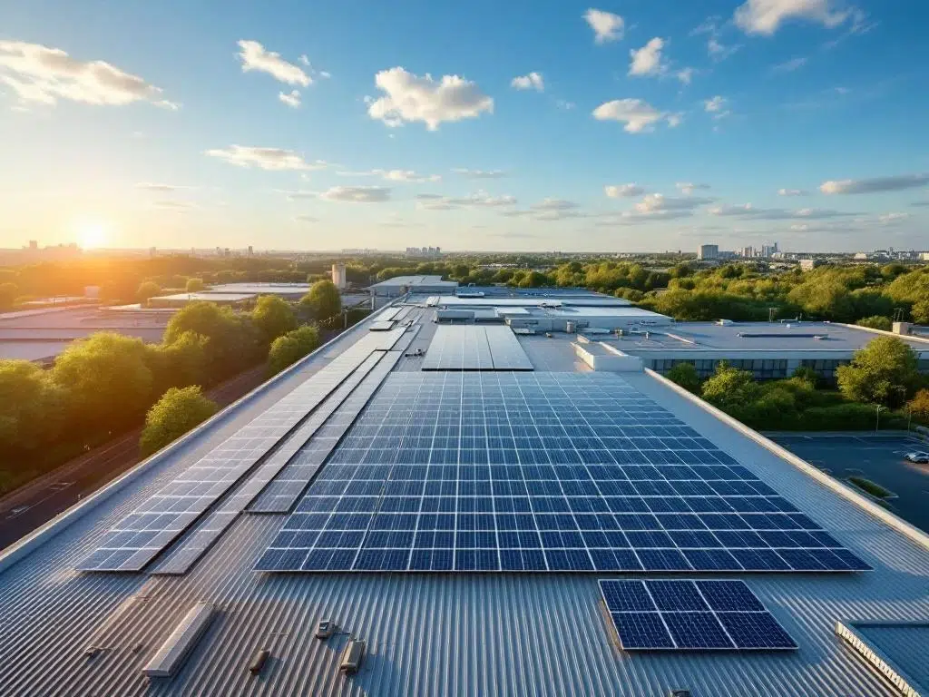 Aerial view of solar panels arranged in geometric rows on commercial rooftop under blue sky, sustainable energy installation