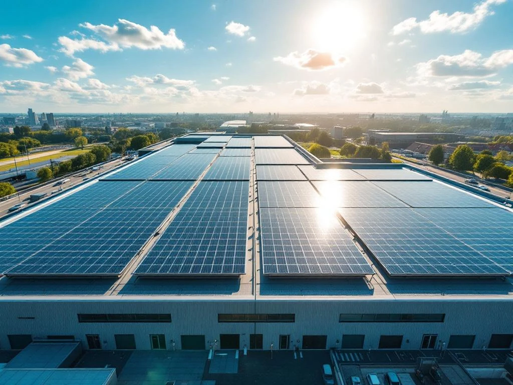 Solar panels arranged in geometric rows on commercial rooftop, aerial view showing renewable energy installation
