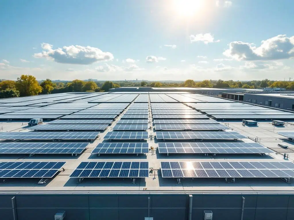 Aerial view of solar panels arranged in geometric rows on commercial rooftop under blue sky with clouds