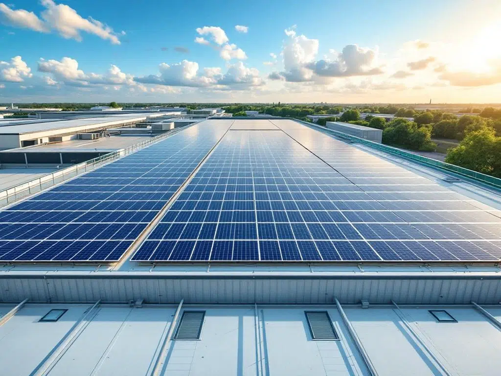 Aerial view of solar panels arranged in geometric rows on commercial rooftop under blue sky with clouds