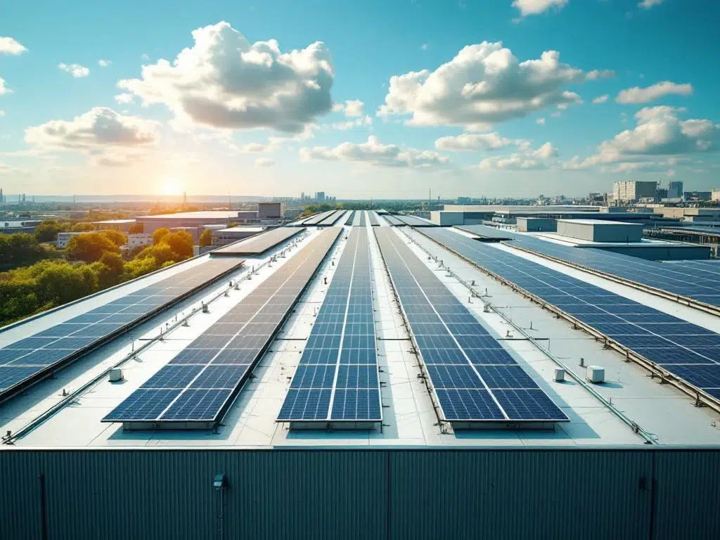 Aerial view of solar panels arranged in geometric rows on commercial building rooftop under bright blue sky