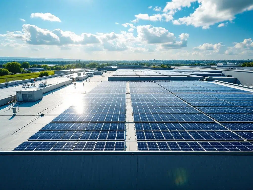 Aerial view of solar panels arranged in geometric rows on commercial building rooftop under clear blue sky