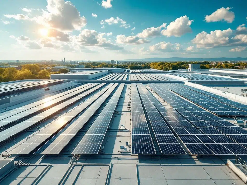 Aerial view of solar panels arranged in geometric rows on commercial rooftop under blue sky, showcasing sustainable energy.