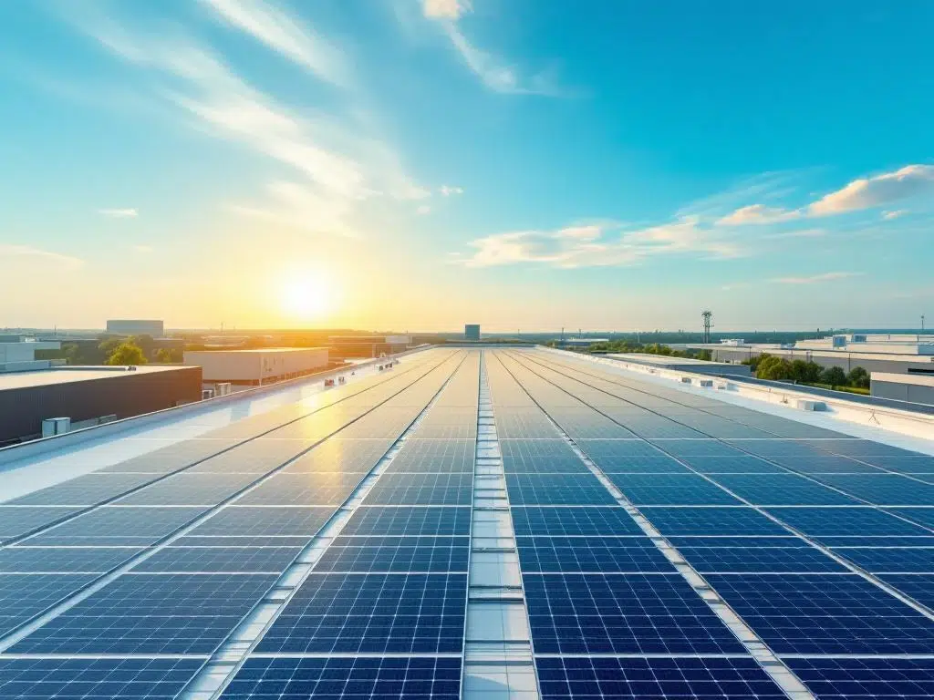 Aerial view of solar panels arranged in geometric rows on commercial rooftop under blue sky with natural sunlight