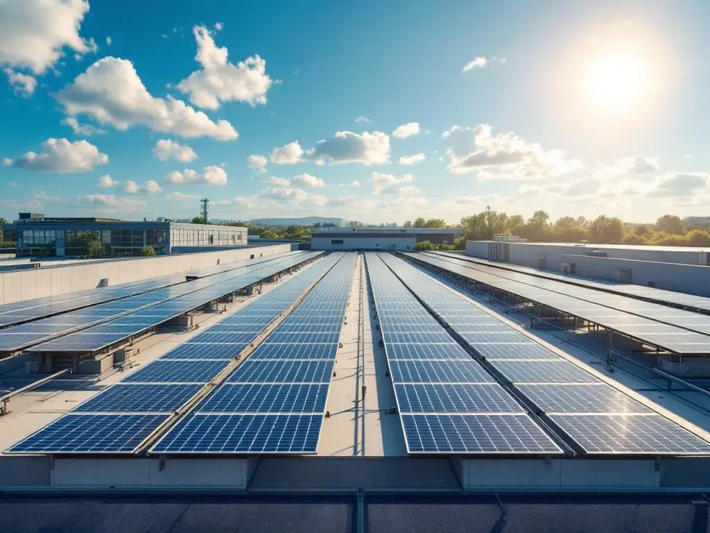 Aerial view of solar panels arranged in geometric rows on commercial rooftop, renewable energy installation under blue sky