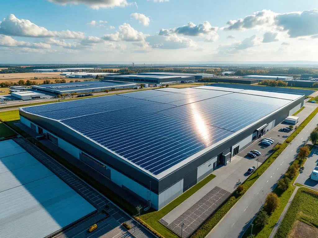 Luchtfoto van commercieel bedrijfsdak met geometrisch gerangschikt zonnepanelensysteem onder blauwe lucht