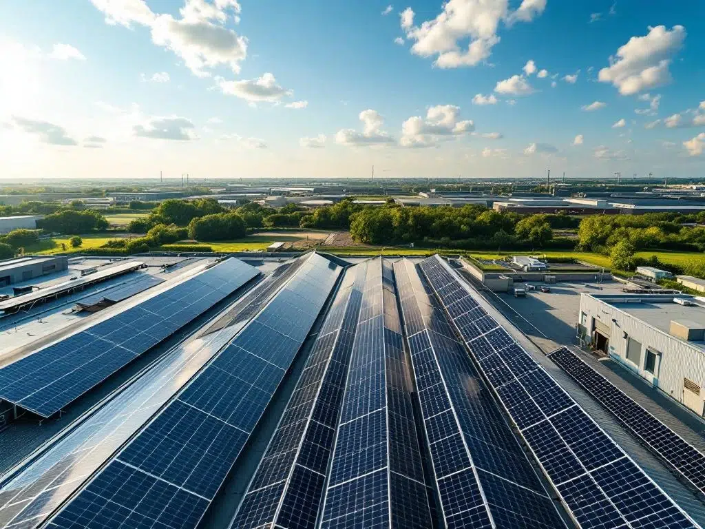 Aerial view of solar panels arranged in geometric rows on commercial rooftop under blue sky with natural daylight