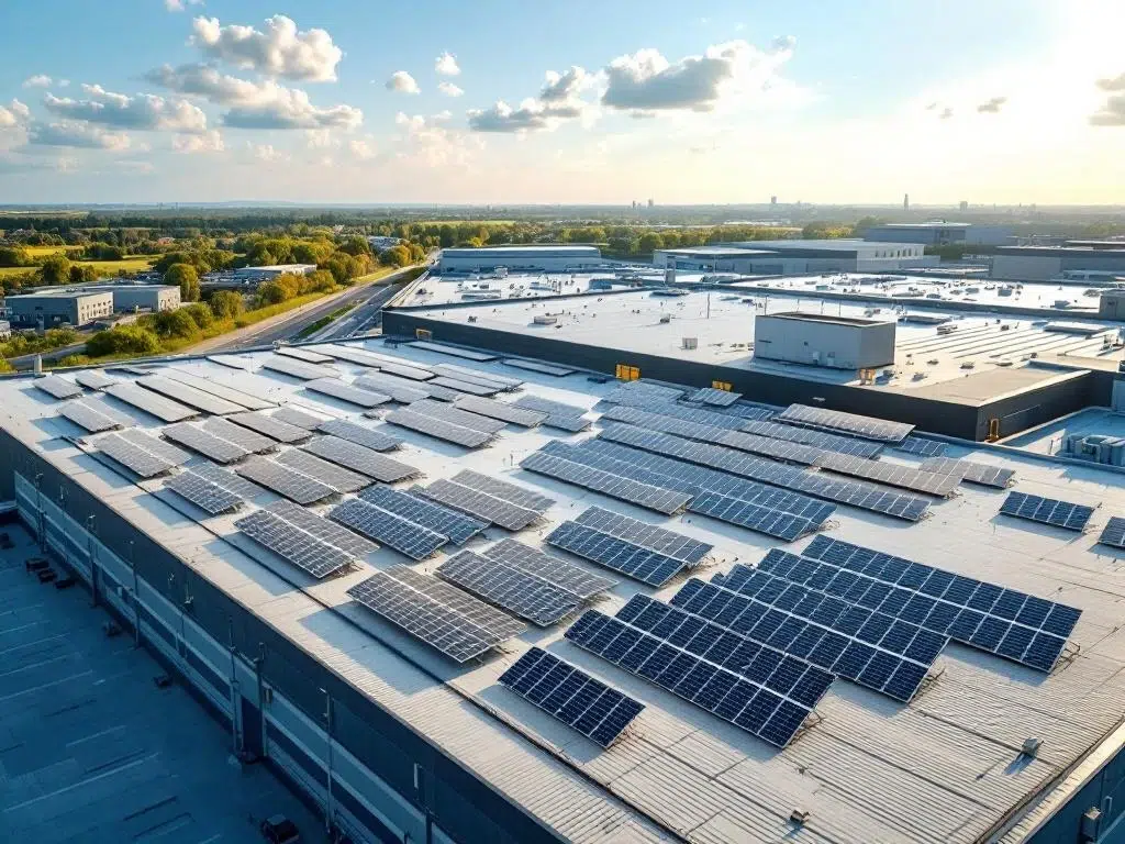 Solar panels in geometric rows on commercial rooftop, aerial view showing sustainable energy installation under blue sky