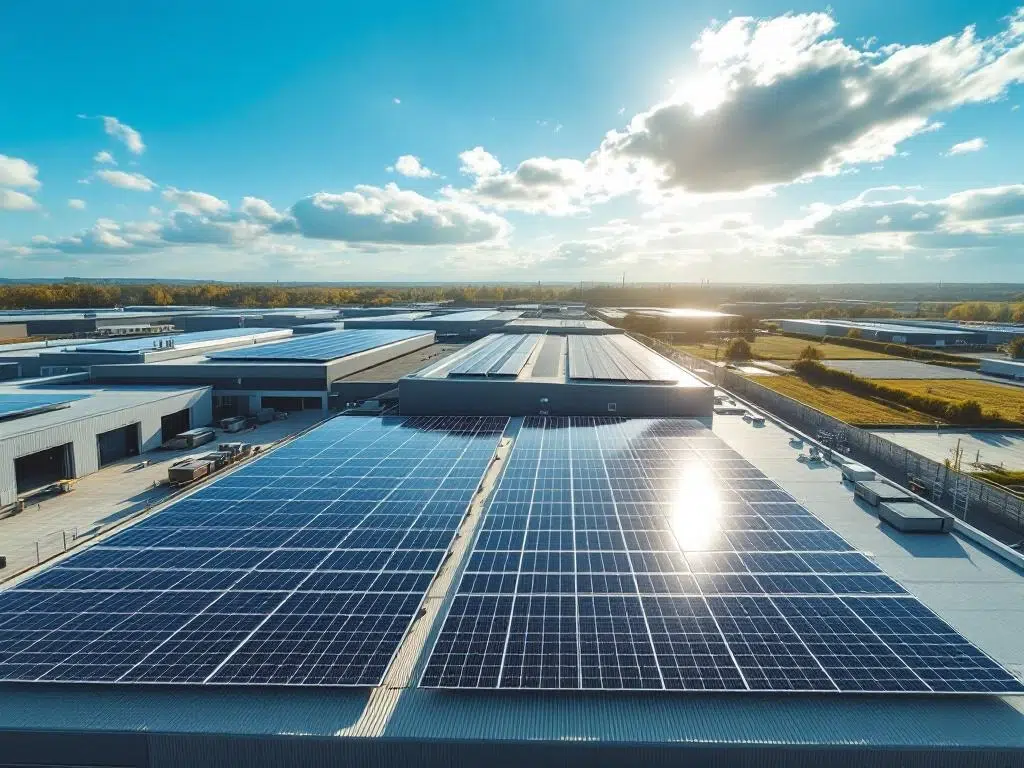 Aerial view of solar panels arranged in geometric rows on commercial warehouse rooftop under blue sky in daylight