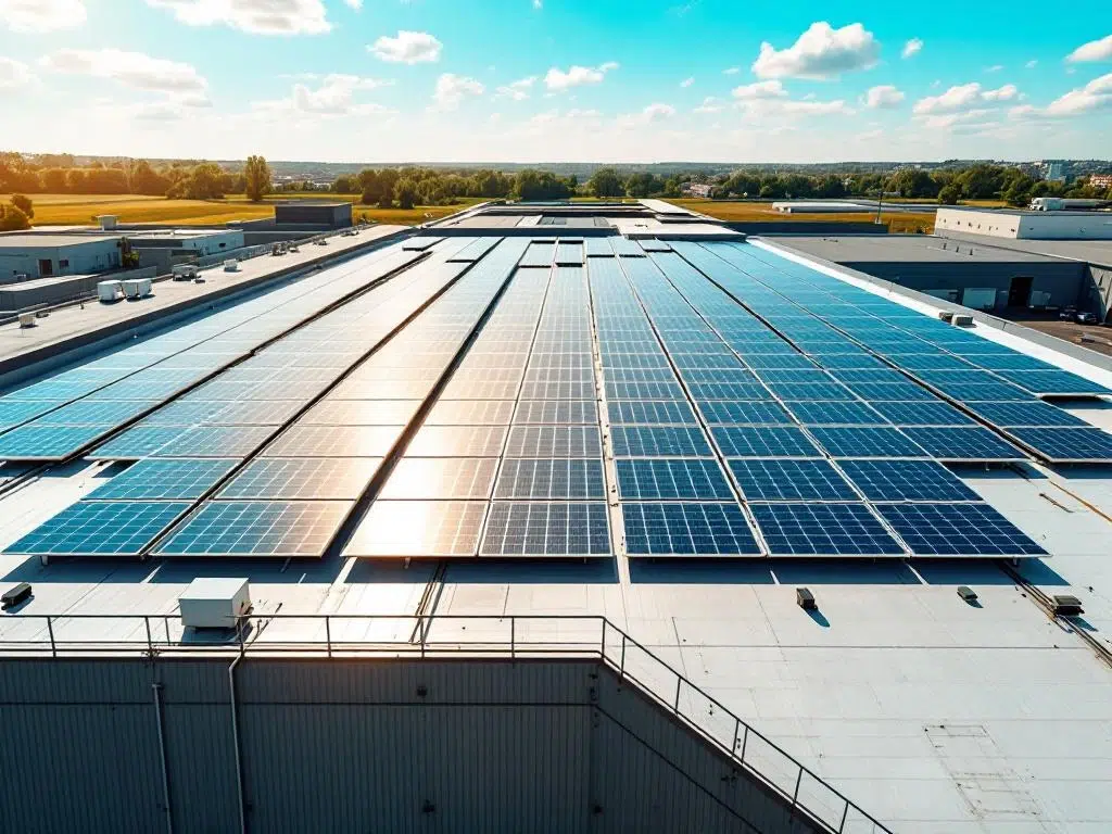Aerial view of solar panels arranged in geometric rows on commercial industrial rooftop under bright blue sky